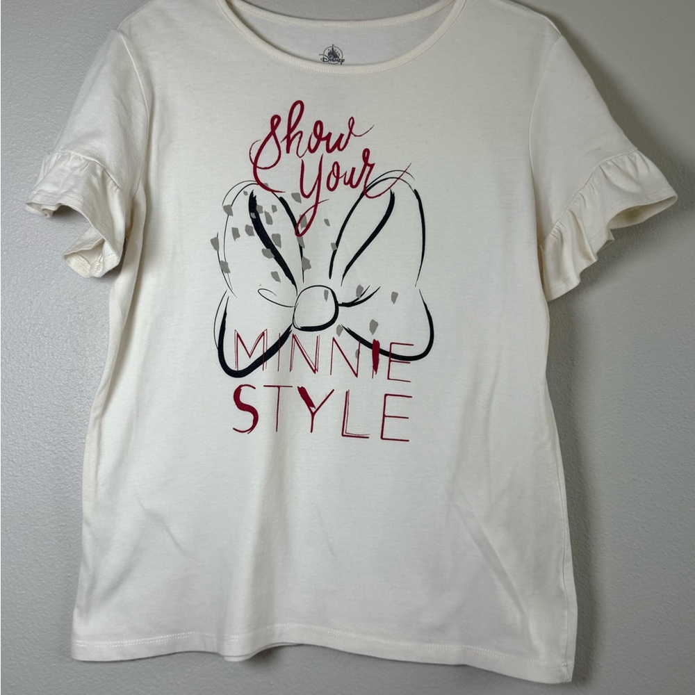 Disney Women's Cream Graphic Tee with Red & Black Minnie Bow